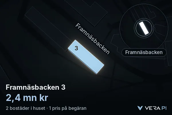 VERA PI's image of Framnäsbacken 3: the building in 3D, lit in blue, and the map around it