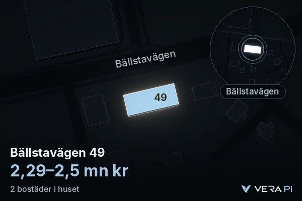 VERA PI's image of Bällstavägen 49: the building in 3D, lit in blue, and the map around it