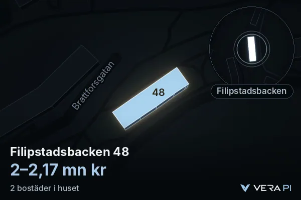VERA PI:s bild av Filipstadsbacken 48: huset i 3D, upplyst i blått, och kartan runt omkring