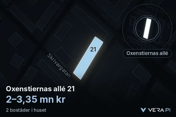 VERA PI:s bild av Oxenstiernas allé 21: huset i 3D, upplyst i blått, och kartan runt omkring