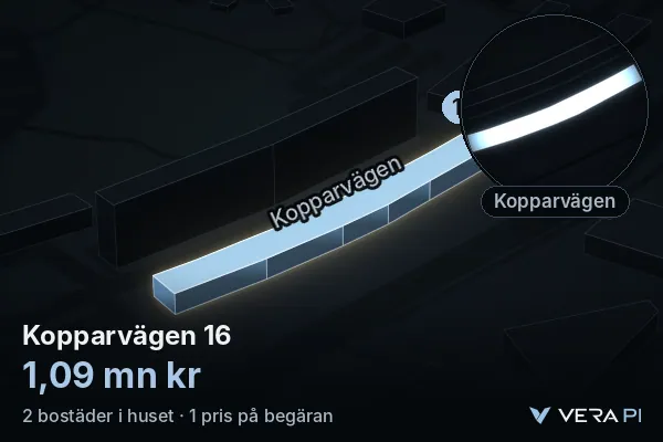 VERA PI's image of Kopparvägen 16: the building in 3D, lit in blue, and the map around it
