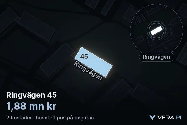 VERA PI:s bild av Ringvägen 45: huset i 3D, upplyst i blått, och kartan runt omkring