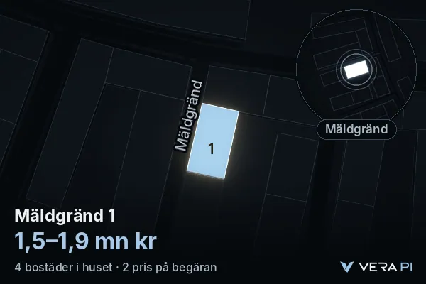 VERA PI's image of Mäldgränd 1: the building in 3D, lit in blue, and the map around it