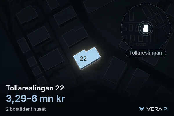 VERA PI:s bild av Tollareslingan 22: huset i 3D, upplyst i blått, och kartan runt omkring