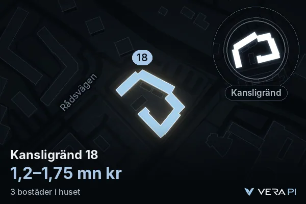 VERA PI:s bild av Kansligränd 18: huset i 3D, upplyst i blått, och kartan runt omkring