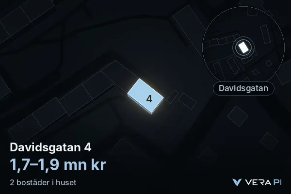 VERA PI's image of Davidsgatan 4: the building in 3D, lit in blue, and the map around it