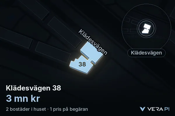 VERA PI's image of Klädesvägen 38: the building in 3D, lit in blue, and the map around it