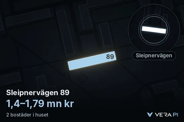 VERA PI's image of Sleipnervägen 89: the building in 3D, lit in blue, and the map around it