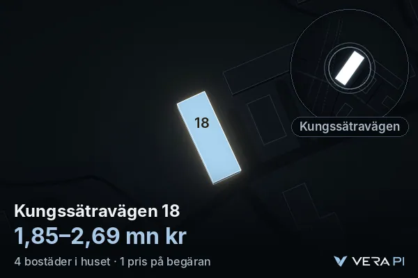 VERA PI's image of Kungssätravägen 18: the building in 3D, lit in blue, and the map around it