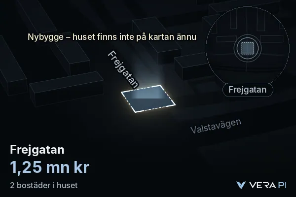 VERA PI:s bild av Frejgatan: huset i 3D, upplyst i blått, och kartan runt omkring