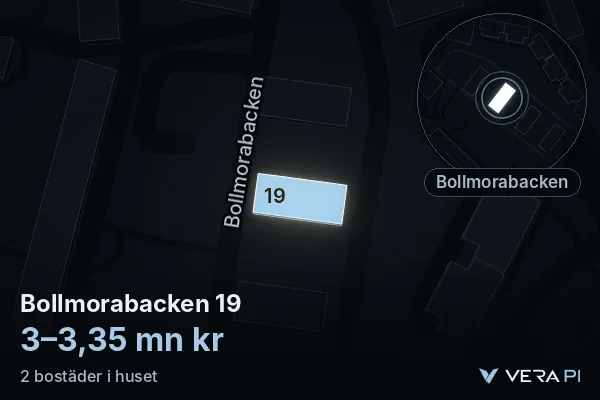 VERA PI's image of Bollmorabacken 19: the building in 3D, lit in blue, and the map around it