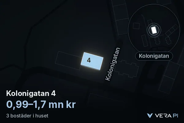 VERA PI's image of Kolonigatan 4: the building in 3D, lit in blue, and the map around it
