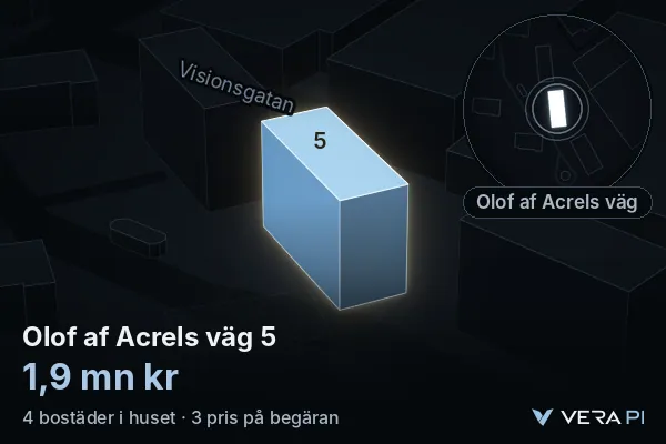 VERA PI's image of Olof af Acrels väg 5: the building in 3D, lit in blue, and the map around it