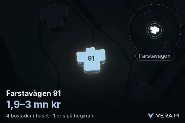 VERA PI:s bild av Farstavägen 91: huset i 3D, upplyst i blått, och kartan runt omkring
