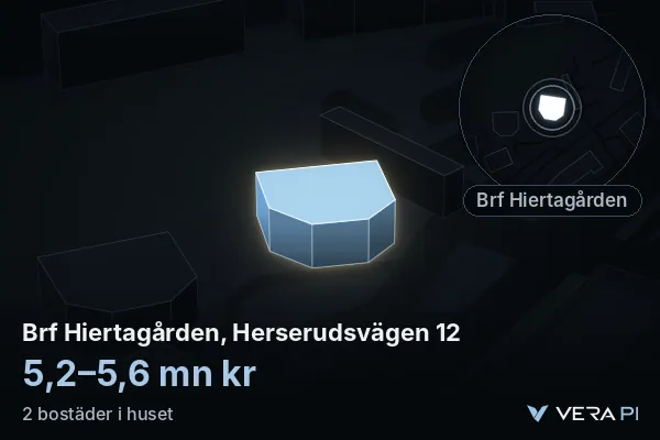 VERA PI:s bild av Brf Hiertagården, Herserudsvägen 12: huset i 3D, upplyst i blått, och kartan runt omkring