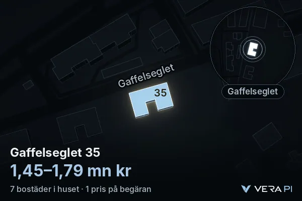 VERA PI:s bild av Gaffelseglet 35: huset i 3D, upplyst i blått, och kartan runt omkring