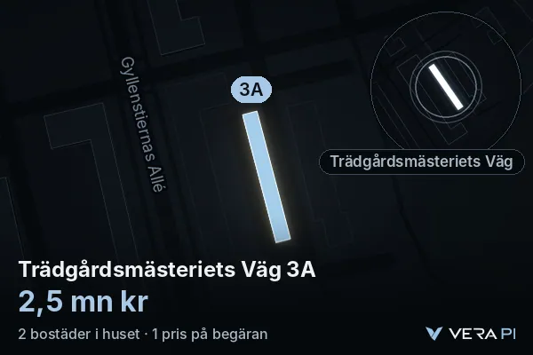 VERA PI:s bild av Trädgårdsmästeriets Väg 3A: huset i 3D, upplyst i blått, och kartan runt omkring