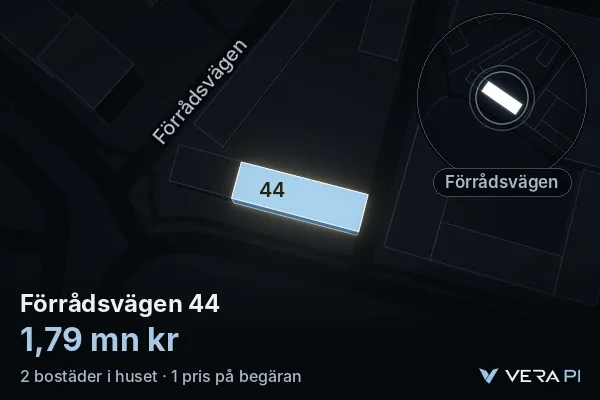 VERA PI's image of Förrådsvägen 44: the building in 3D, lit in blue, and the map around it