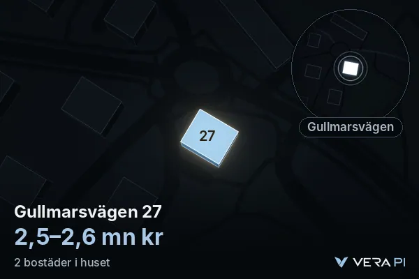 VERA PI's image of Gullmarsvägen 27: the building in 3D, lit in blue, and the map around it