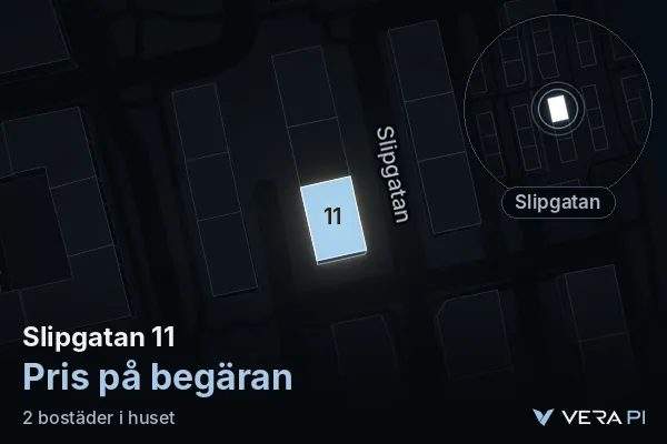 VERA PI's image of Slipgatan 11: the building in 3D, lit in blue, and the map around it