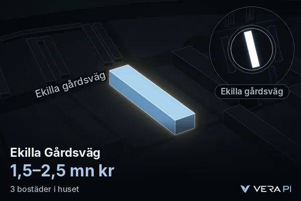 VERA PI:s bild av Ekilla Gårdsväg: huset i 3D, upplyst i blått, och kartan runt omkring