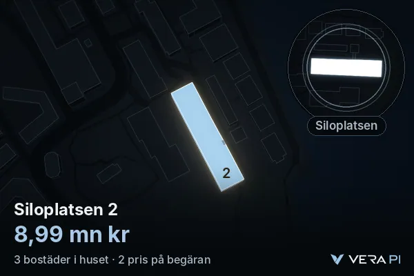 VERA PI:s bild av Siloplatsen 2: huset i 3D, upplyst i blått, och kartan runt omkring