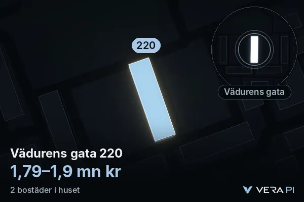 VERA PI:s bild av Vädurens gata 220: huset i 3D, upplyst i blått, och kartan runt omkring