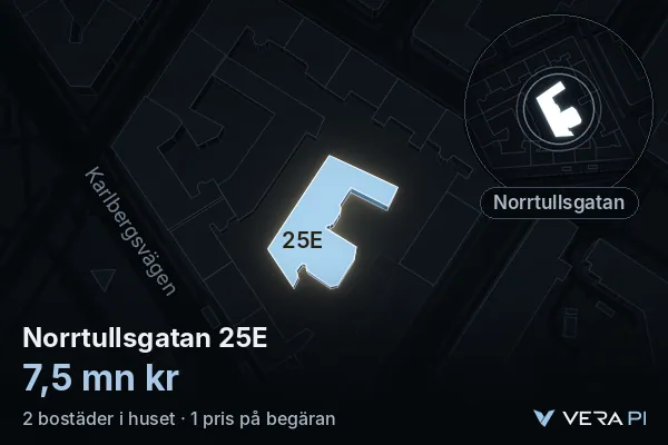 VERA PI:s bild av Norrtullsgatan 25E: huset i 3D, upplyst i blått, och kartan runt omkring