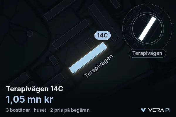 VERA PI's image of Terapivägen 14C: the building in 3D, lit in blue, and the map around it