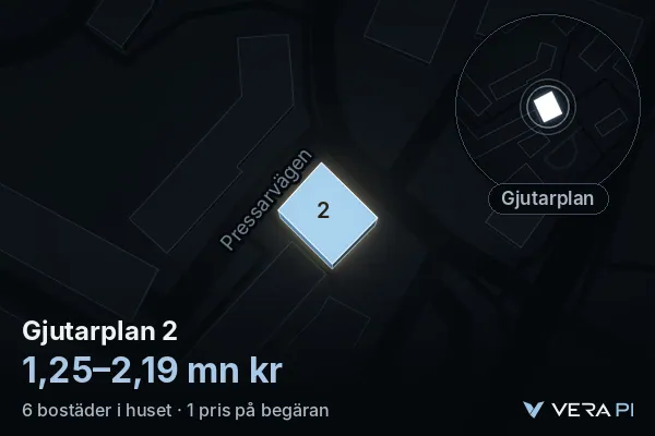 VERA PI's image of Gjutarplan 2: the building in 3D, lit in blue, and the map around it