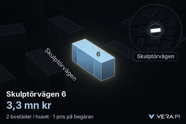 VERA PI:s bild av Skulptörvägen 6: huset i 3D, upplyst i blått, och kartan runt omkring
