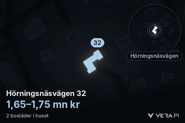 VERA PI:s bild av Hörningsnäsvägen 32: huset i 3D, upplyst i blått, och kartan runt omkring