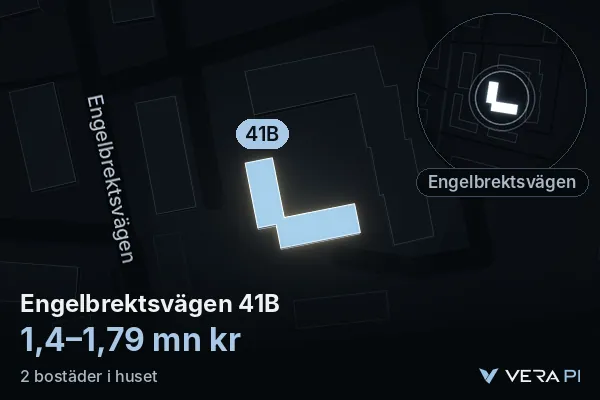VERA PI's image of Engelbrektsvägen 41B: the building in 3D, lit in blue, and the map around it