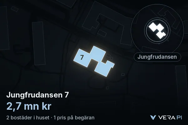 VERA PI's image of Jungfrudansen 7: the building in 3D, lit in blue, and the map around it