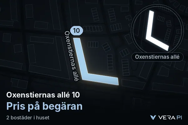 VERA PI:s bild av Oxenstiernas allé 10: huset i 3D, upplyst i blått, och kartan runt omkring