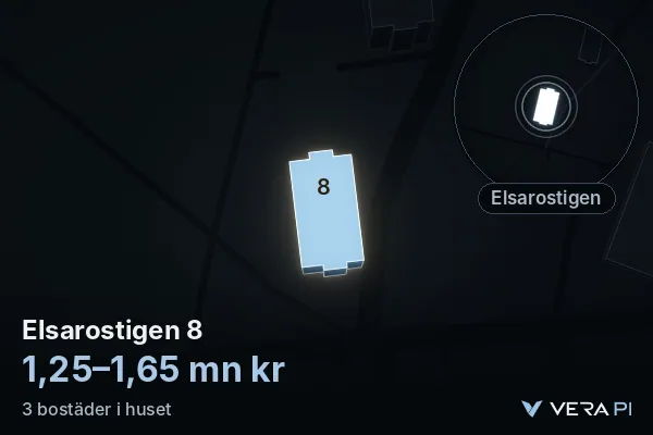 VERA PI's image of Elsarostigen 8: the building in 3D, lit in blue, and the map around it