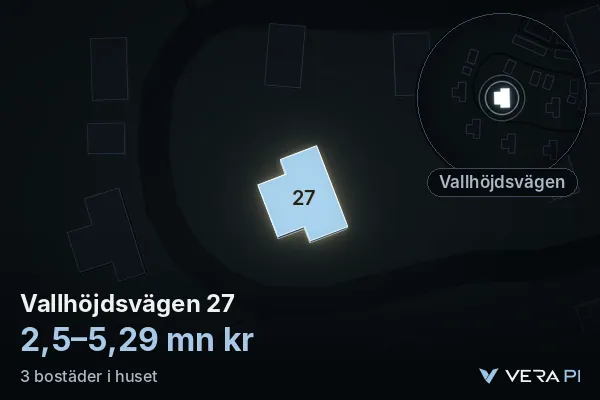 VERA PI:s bild av Vallhöjdsvägen 27: huset i 3D, upplyst i blått, och kartan runt omkring