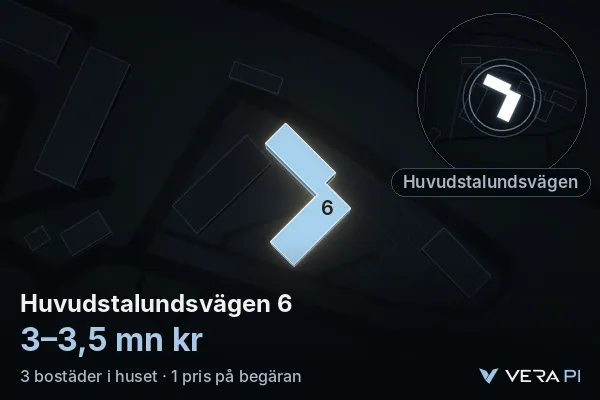 VERA PI's image of Huvudstalundsvägen 6: the building in 3D, lit in blue, and the map around it