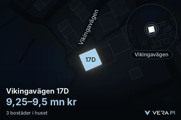 VERA PI:s bild av Vikingavägen 17D: huset i 3D, upplyst i blått, och kartan runt omkring