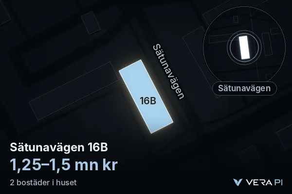 VERA PI:s bild av Sätunavägen 16B: huset i 3D, upplyst i blått, och kartan runt omkring