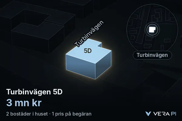 VERA PI's image of Turbinvägen 5D: the building in 3D, lit in blue, and the map around it