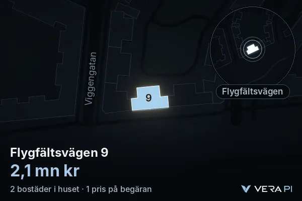 VERA PI's image of Flygfältsvägen 9: the building in 3D, lit in blue, and the map around it