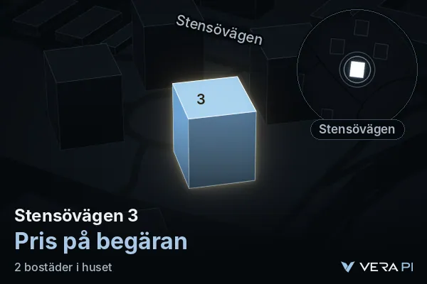 VERA PI's image of Stensövägen 3: the building in 3D, lit in blue, and the map around it