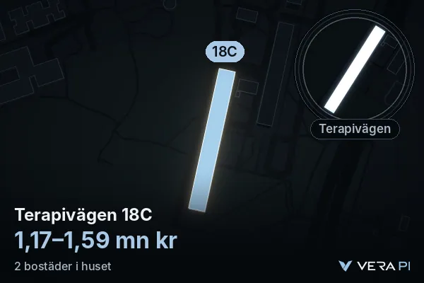 VERA PI's image of Terapivägen 18C: the building in 3D, lit in blue, and the map around it