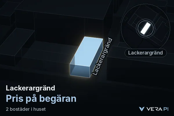 VERA PI:s bild av Lackerargränd: huset i 3D, upplyst i blått, och kartan runt omkring