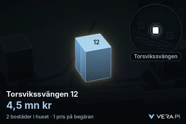 VERA PI:s bild av Torsvikssvängen 12: huset i 3D, upplyst i blått, och kartan runt omkring