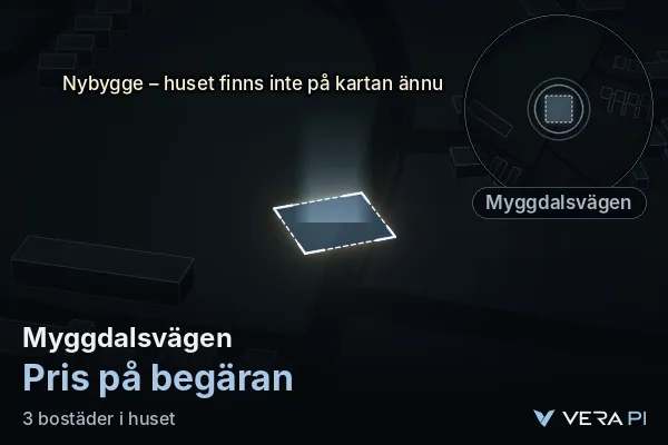 VERA PI:s bild av Myggdalsvägen: huset i 3D, upplyst i blått, och kartan runt omkring