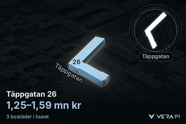 VERA PI's image of Täppgatan 26: the building in 3D, lit in blue, and the map around it