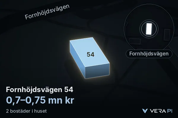 VERA PI's image of Fornhöjdsvägen 54: the building in 3D, lit in blue, and the map around it
