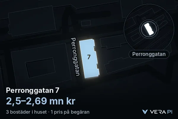 VERA PI:s bild av Perronggatan 7: huset i 3D, upplyst i blått, och kartan runt omkring